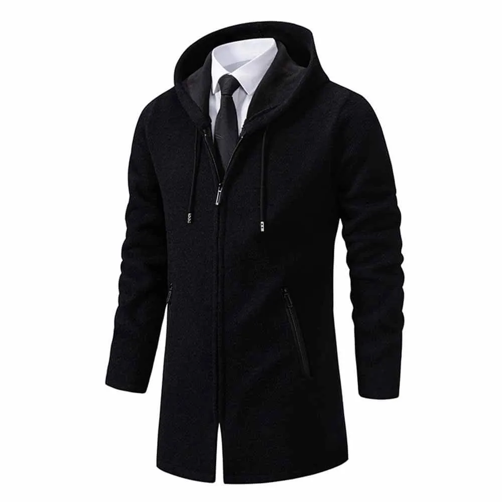 Solid Color Fleece Mid-Length Hooded Zipper Coat