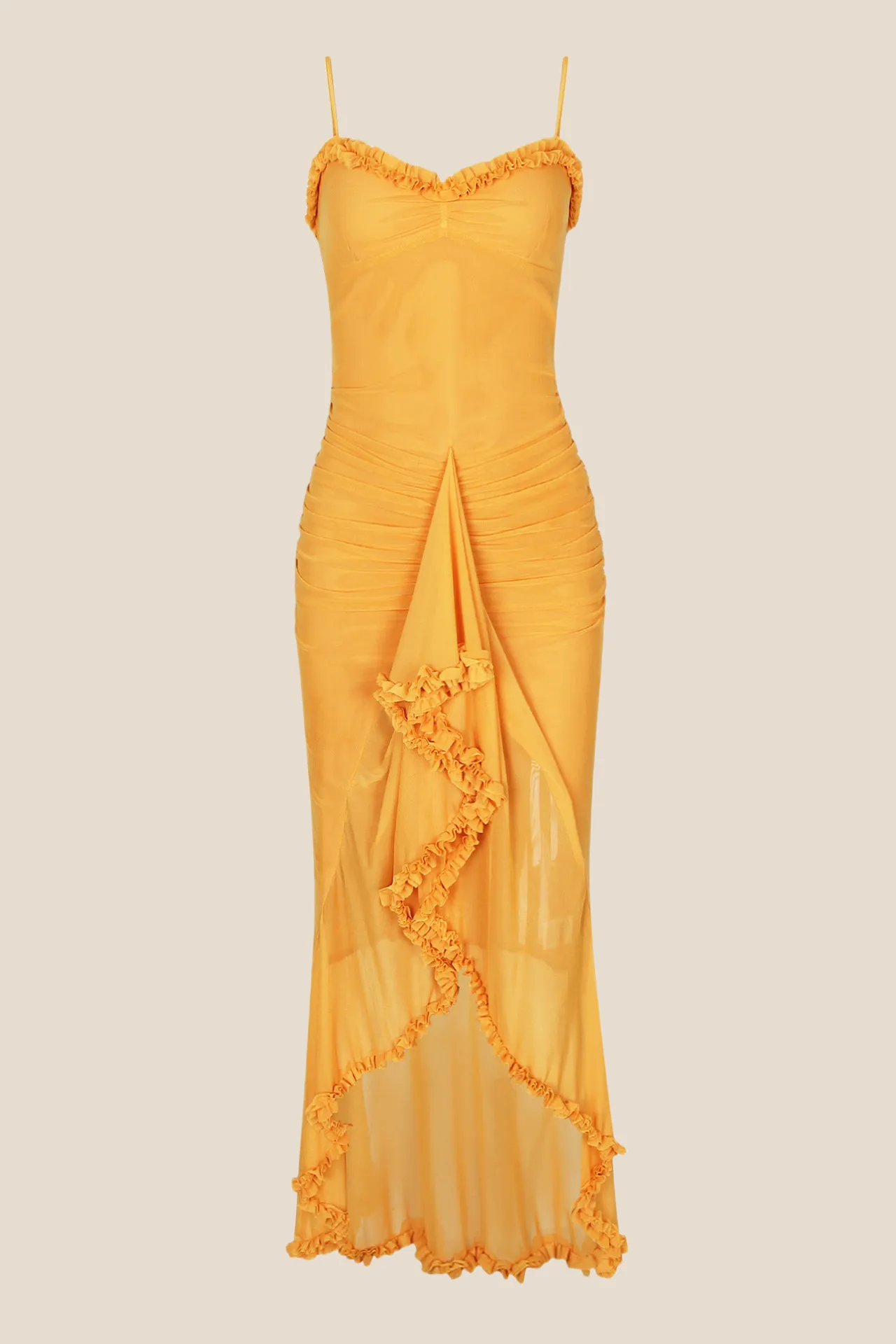 Straps Yellow Ruffled Front Irregular Long Dress