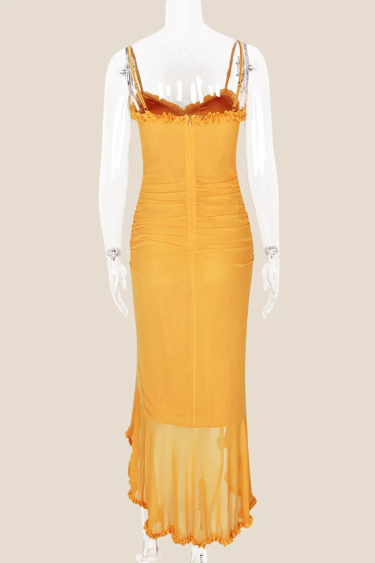 Straps Yellow Ruffled Front Irregular Long Dress