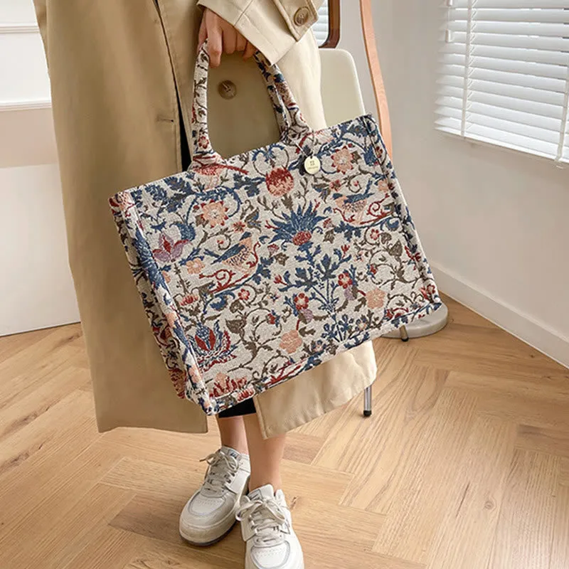 Tote Bag For Women Simple Retro Large Capacity Flower Handbag