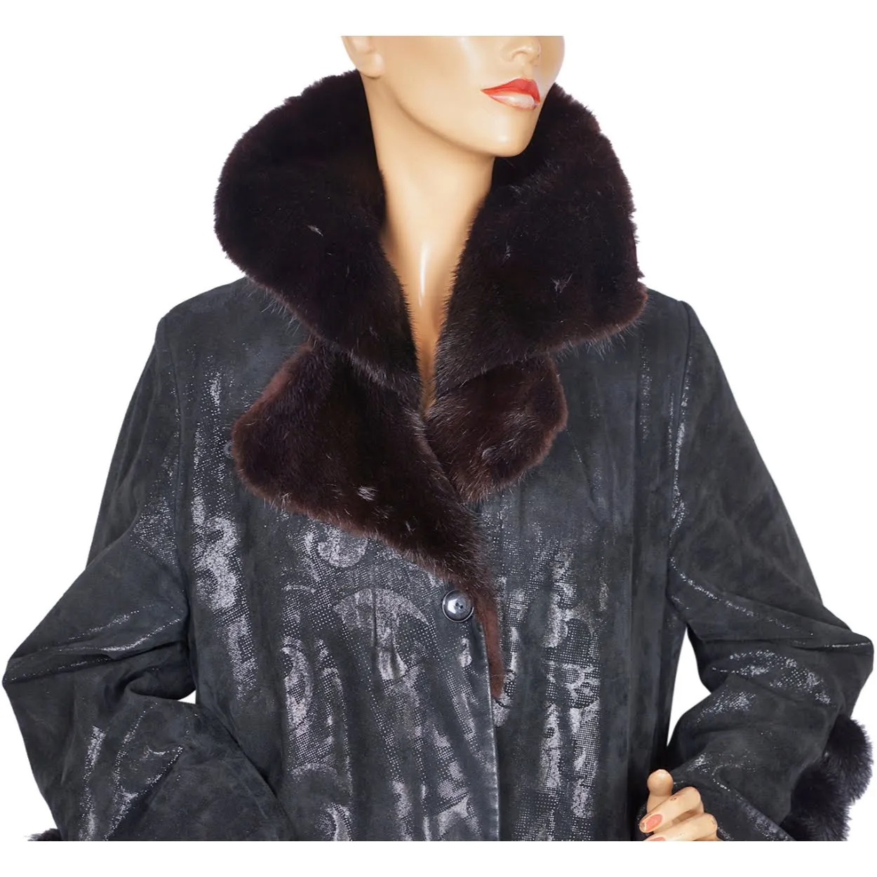 Vintage 1990s Stenciled Leather and Mink Coat by Sergio Turani
