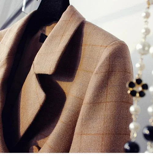 Vintage inspired plaid high fashion nude tan brown work cocktail blazer- Kiko