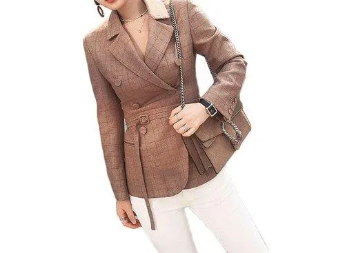 Vintage inspired plaid high fashion nude tan brown work cocktail blazer- Kiko