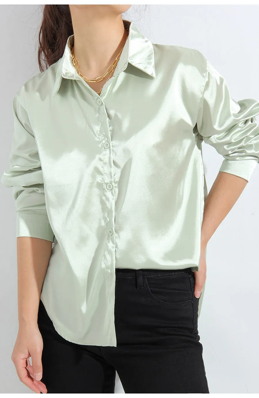 Wjczt Satin Shirt Womens Green Long Sleeve Top Female Women&#39;s Elegant Blouse 2022 Office Wear Women White Imitation Silk Shirt Woman