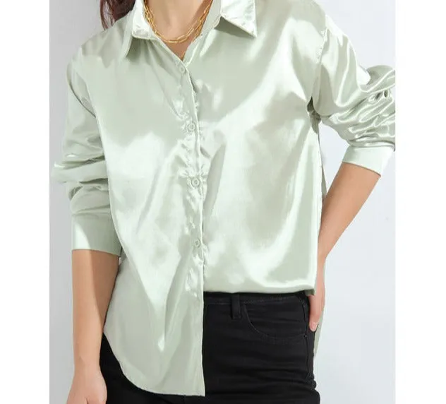 Wjczt Satin Shirt Womens Green Long Sleeve Top Female Women&#39;s Elegant Blouse 2022 Office Wear Women White Imitation Silk Shirt Woman