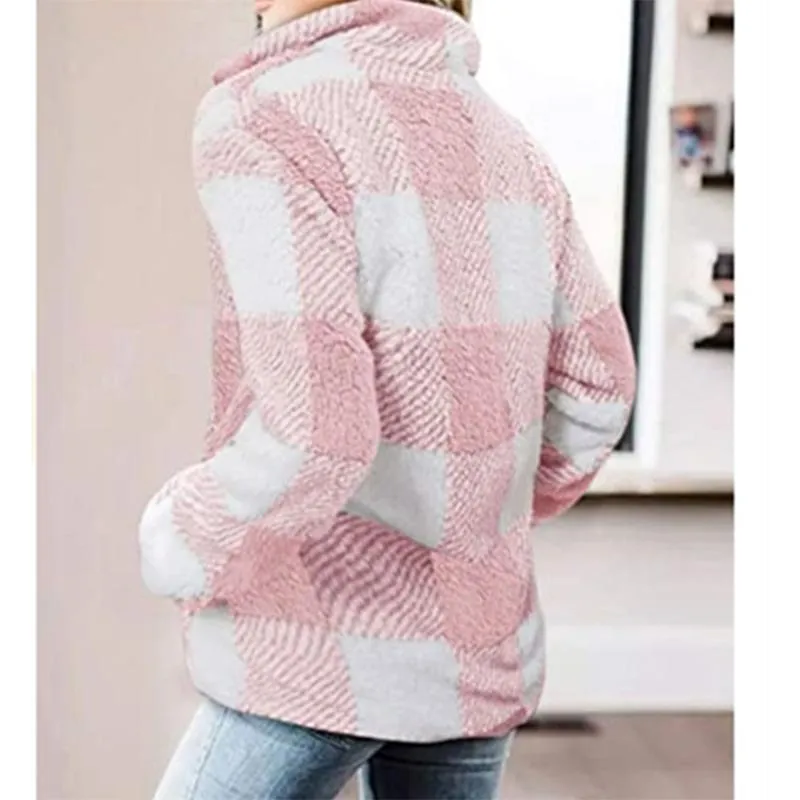 Women plaid chunky high neck faux fur quarter zip pullover