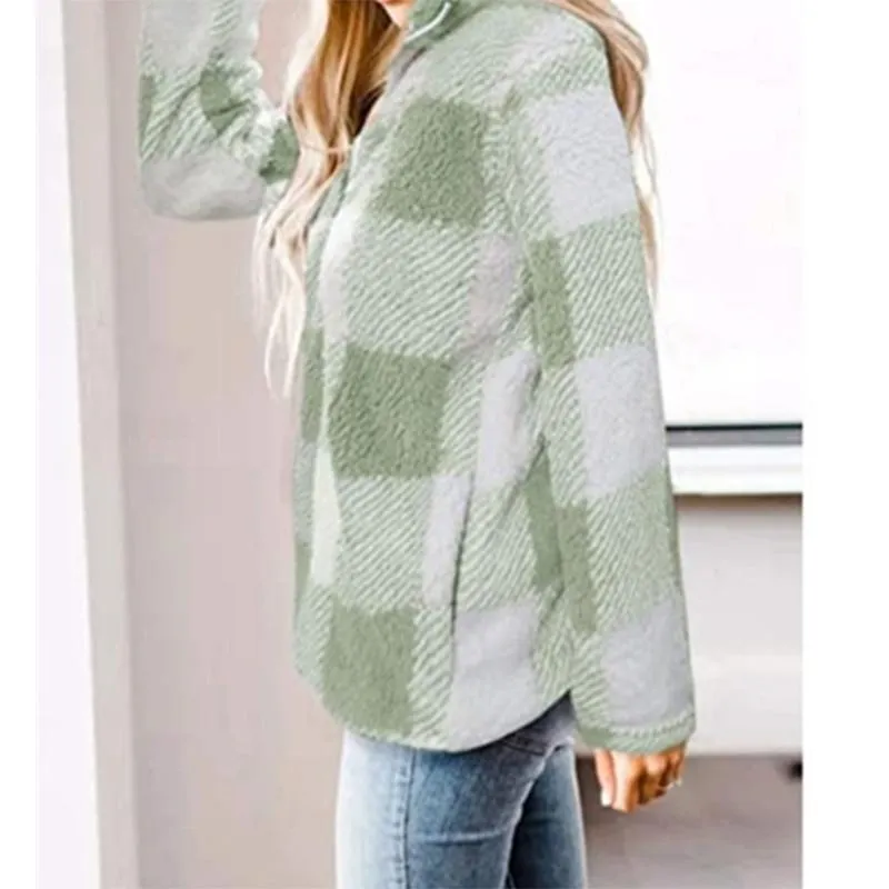 Women plaid chunky high neck faux fur quarter zip pullover