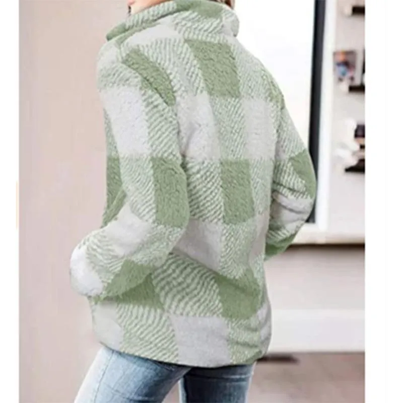 Women plaid chunky high neck faux fur quarter zip pullover