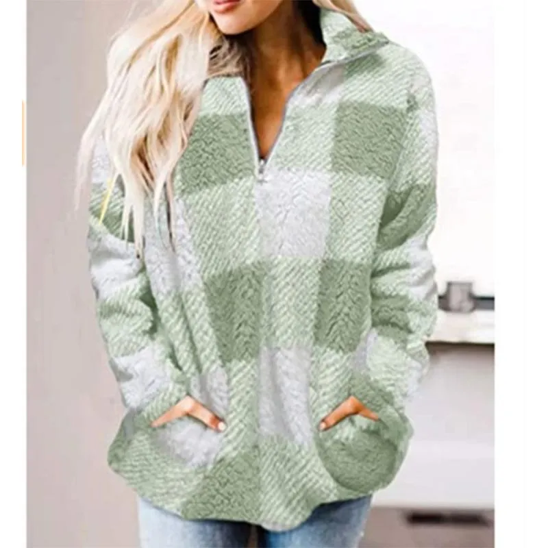 Women plaid chunky high neck faux fur quarter zip pullover