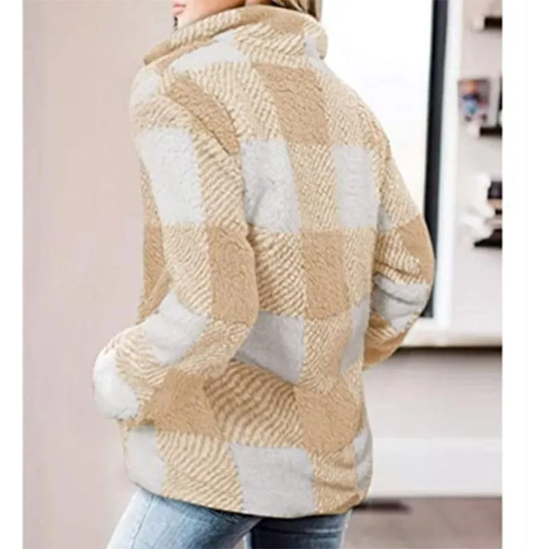 Women plaid chunky high neck faux fur quarter zip pullover