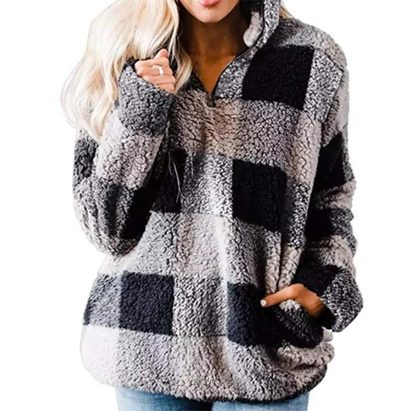 Women plaid chunky high neck faux fur quarter zip pullover