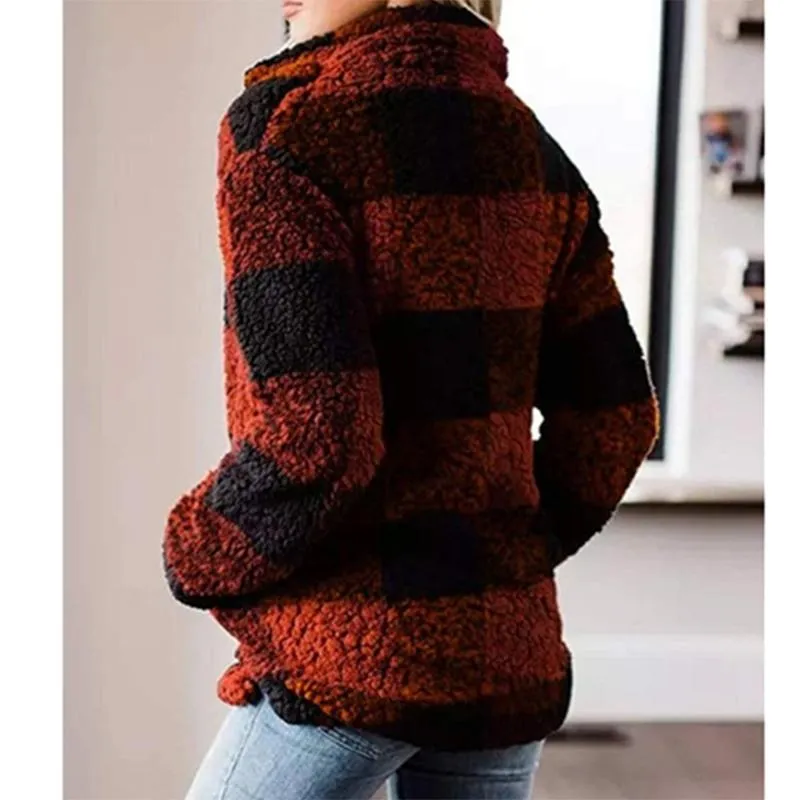 Women plaid chunky high neck faux fur quarter zip pullover