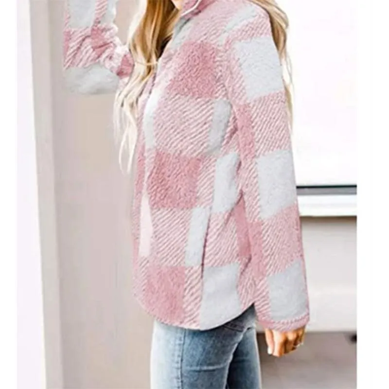 Women plaid chunky high neck faux fur quarter zip pullover