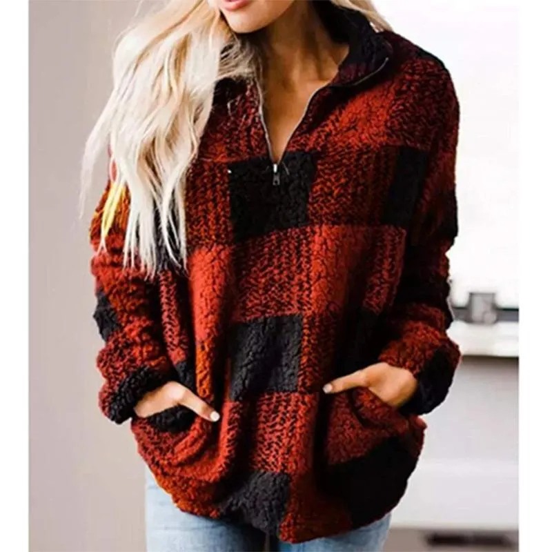Women plaid chunky high neck faux fur quarter zip pullover
