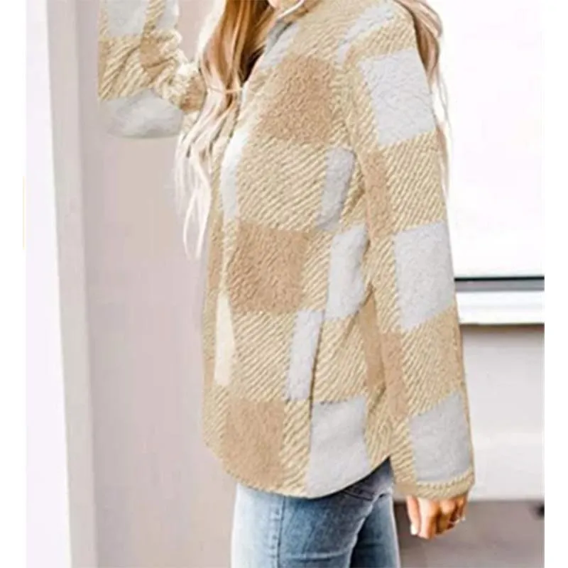 Women plaid chunky high neck faux fur quarter zip pullover