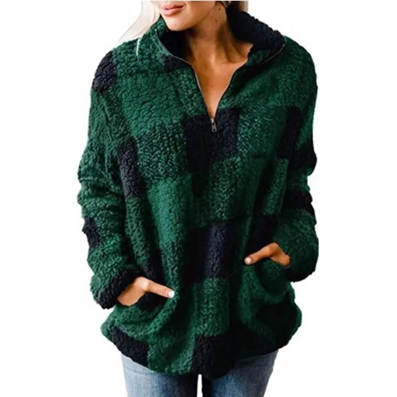 Women plaid chunky high neck faux fur quarter zip pullover