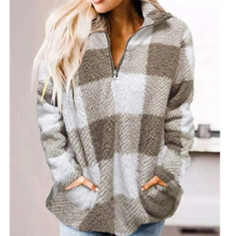 Women plaid chunky high neck faux fur quarter zip pullover