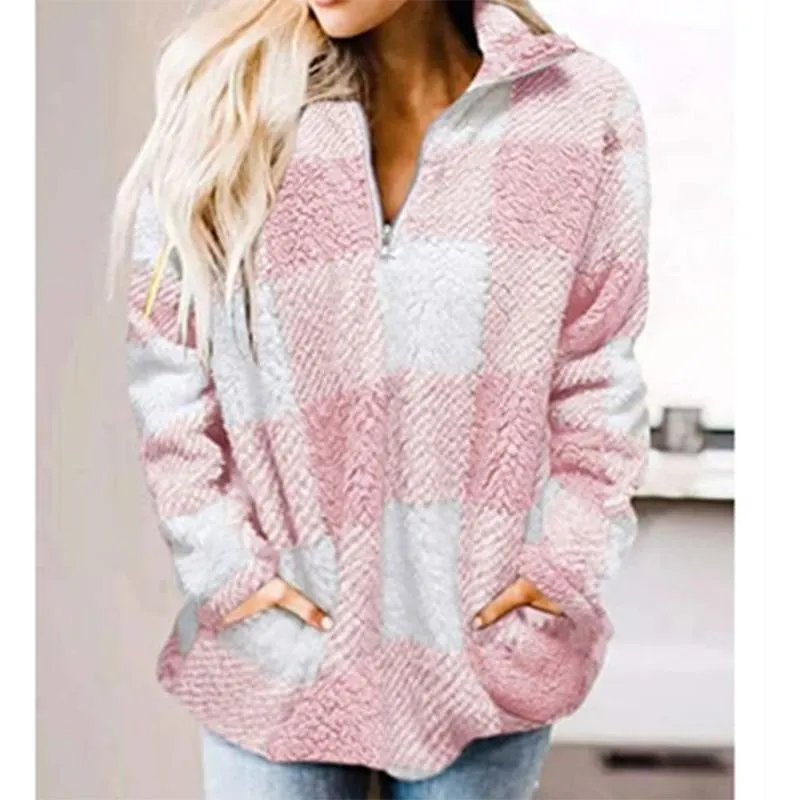 Women plaid chunky high neck faux fur quarter zip pullover