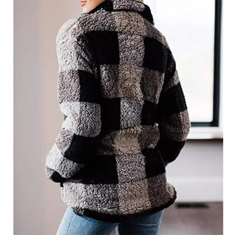 Women plaid chunky high neck faux fur quarter zip pullover