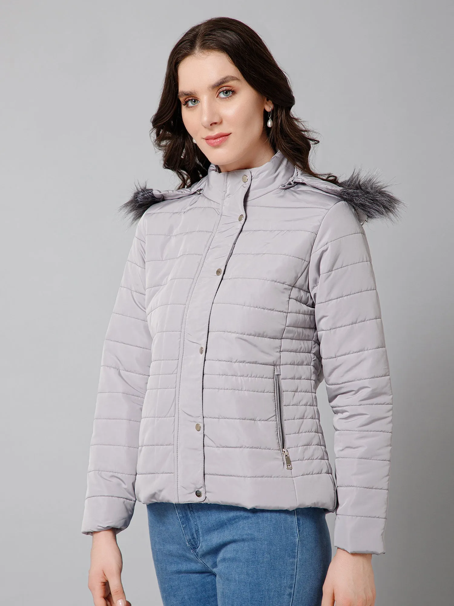 Women's Casual  Grey Quilted Detachable Hood with Faux Fur trim Jacket