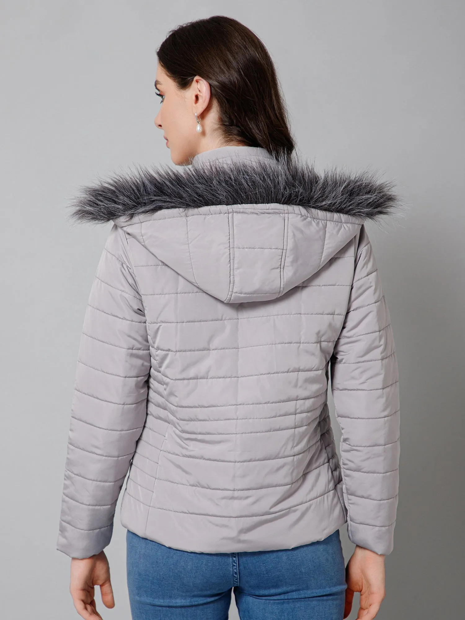 Women's Casual  Grey Quilted Detachable Hood with Faux Fur trim Jacket