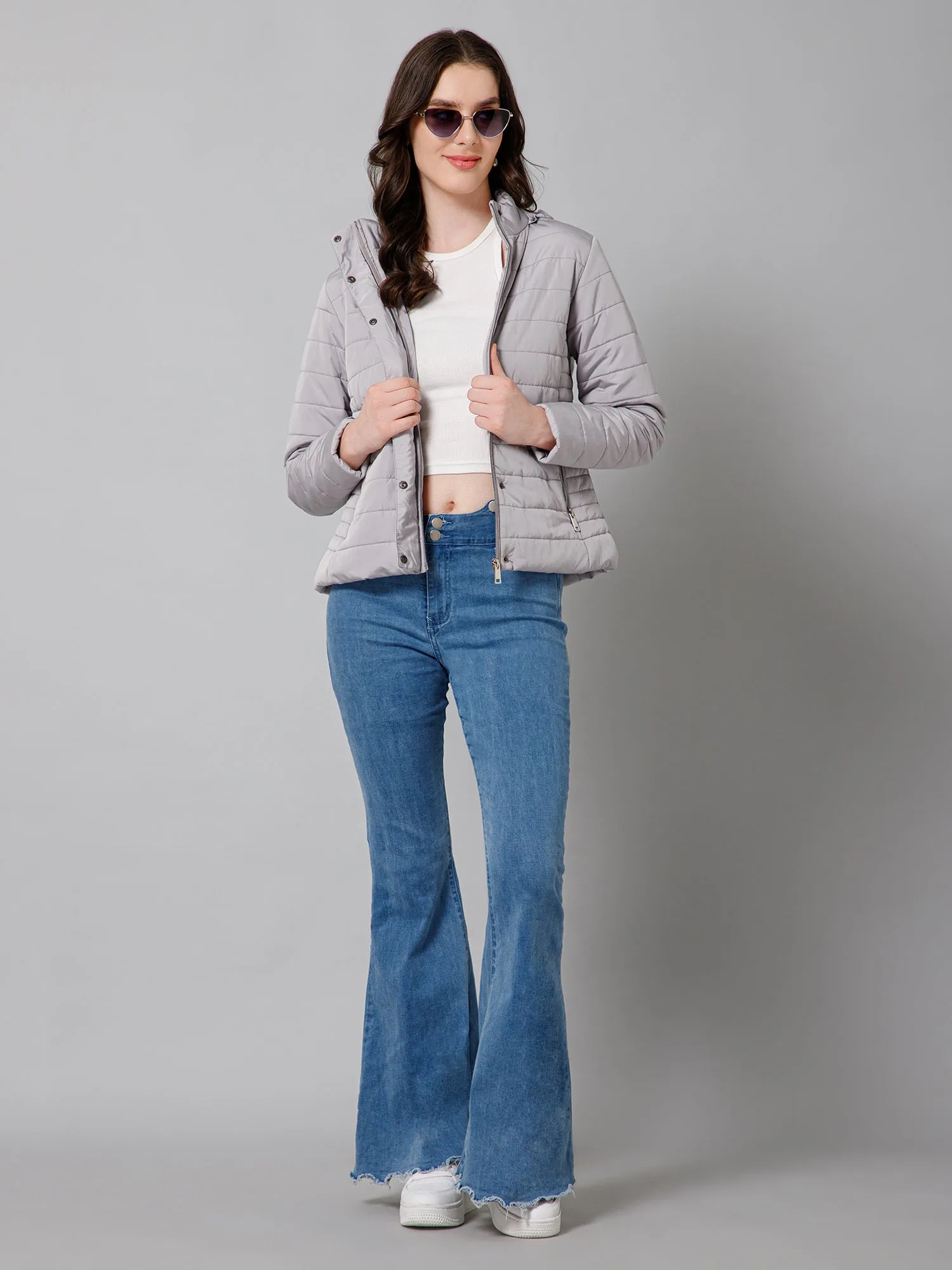 Women's Casual  Grey Quilted Detachable Hood with Faux Fur trim Jacket