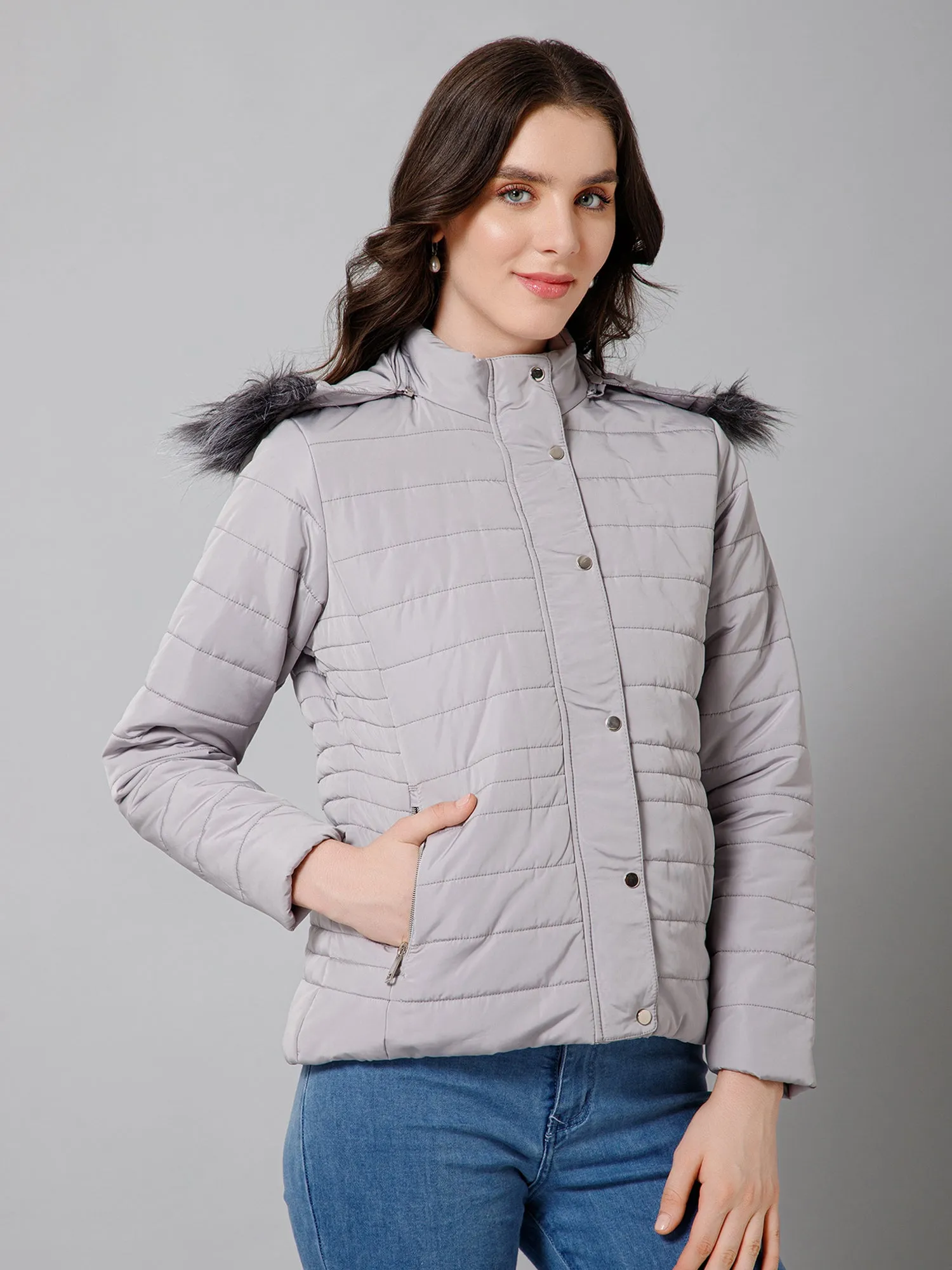 Women's Casual  Grey Quilted Detachable Hood with Faux Fur trim Jacket
