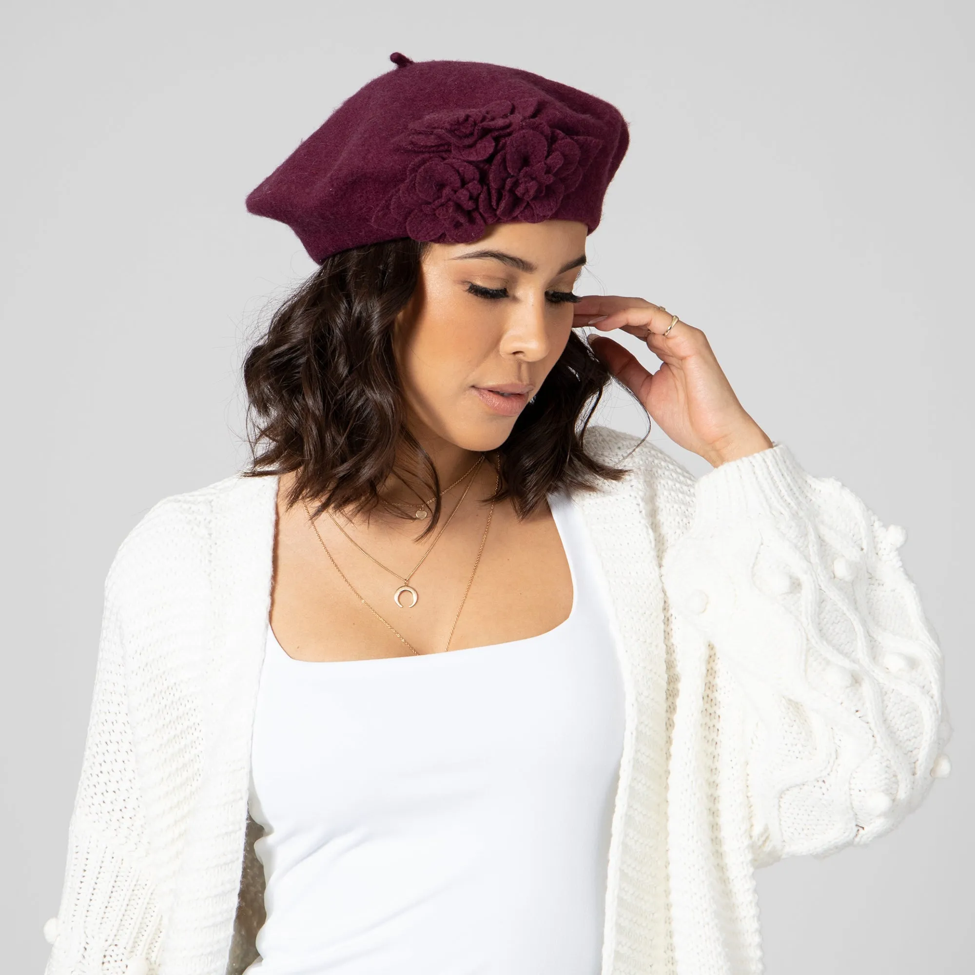 Womens Wool Beret With Flowers-One Size