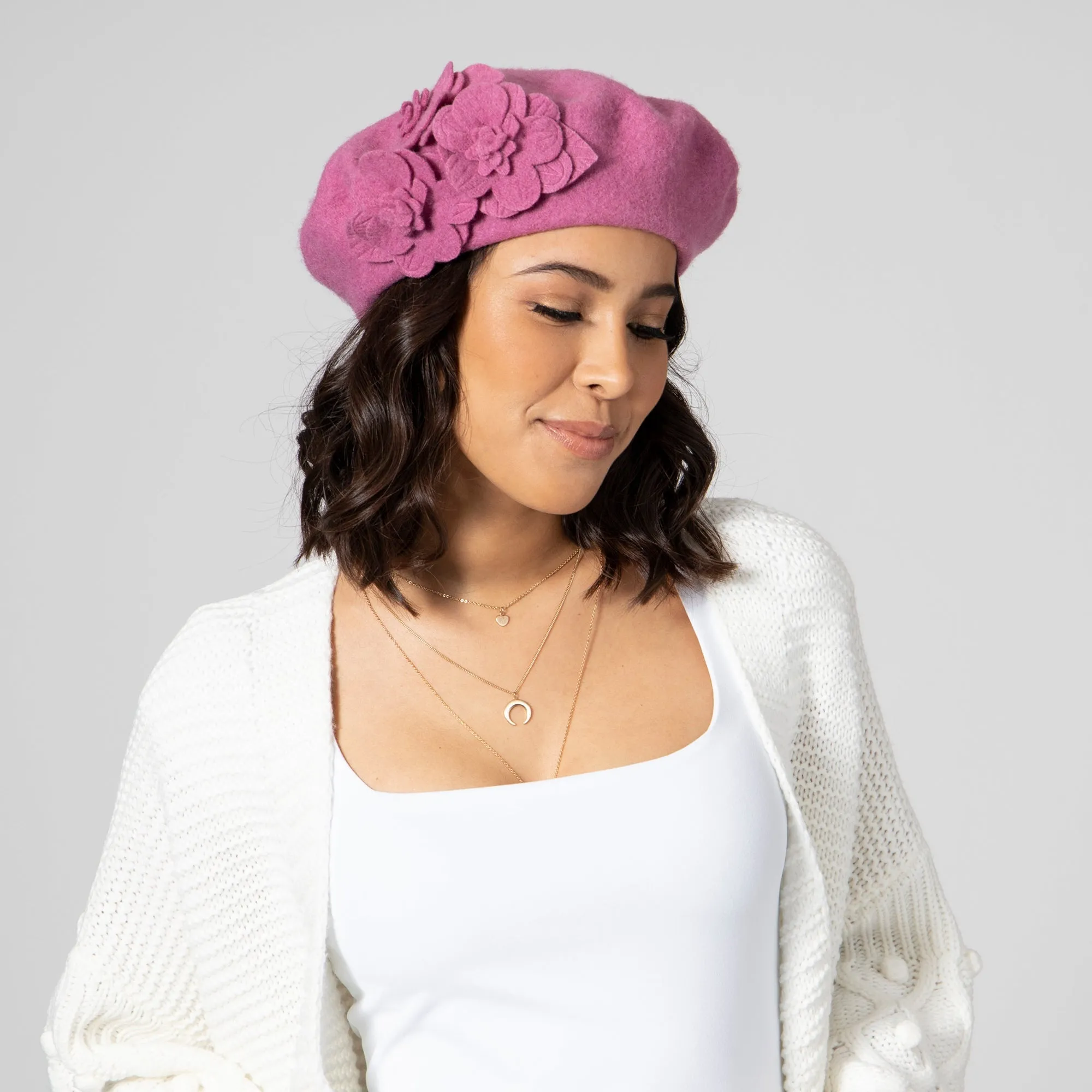 Womens Wool Beret With Flowers-One Size