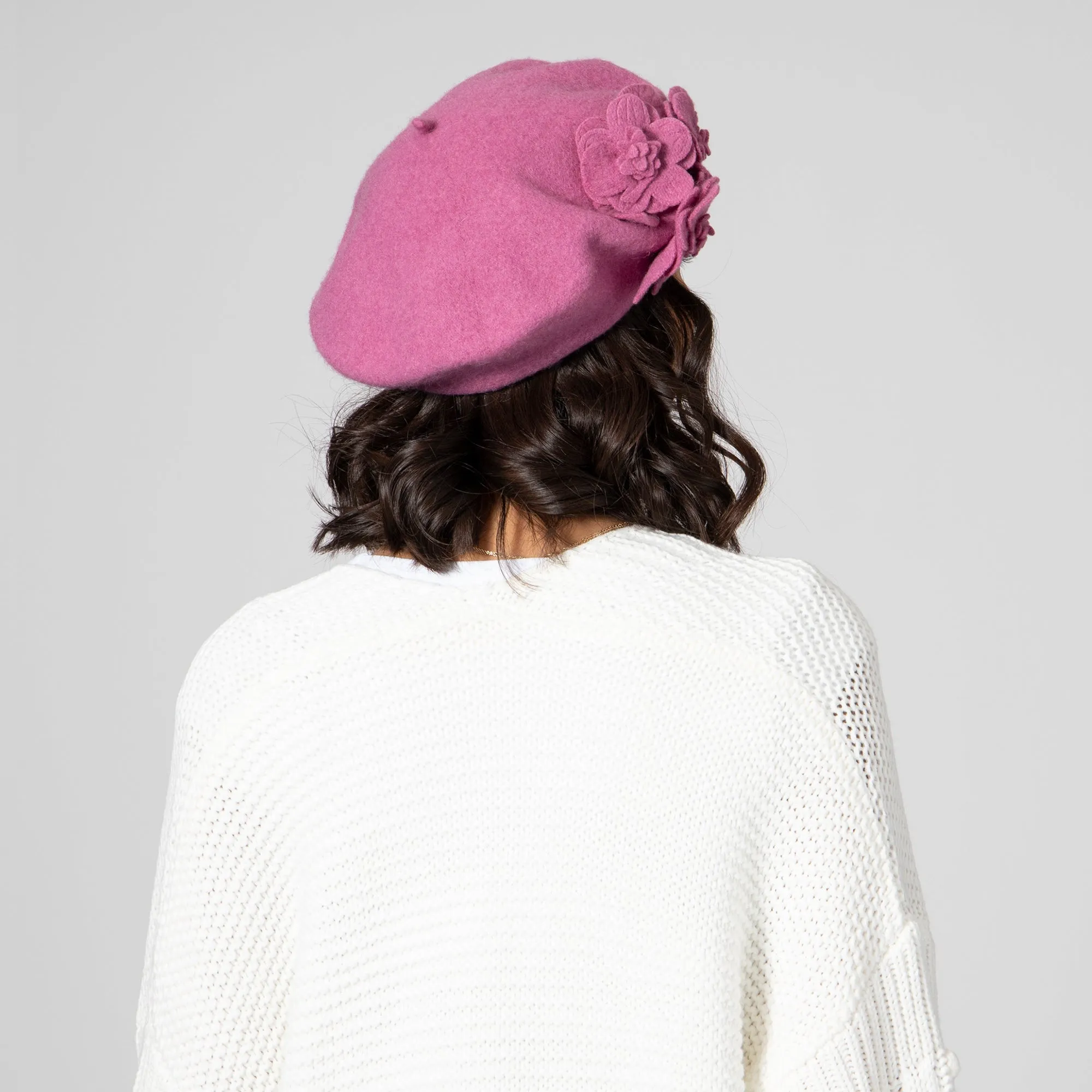 Womens Wool Beret With Flowers-One Size