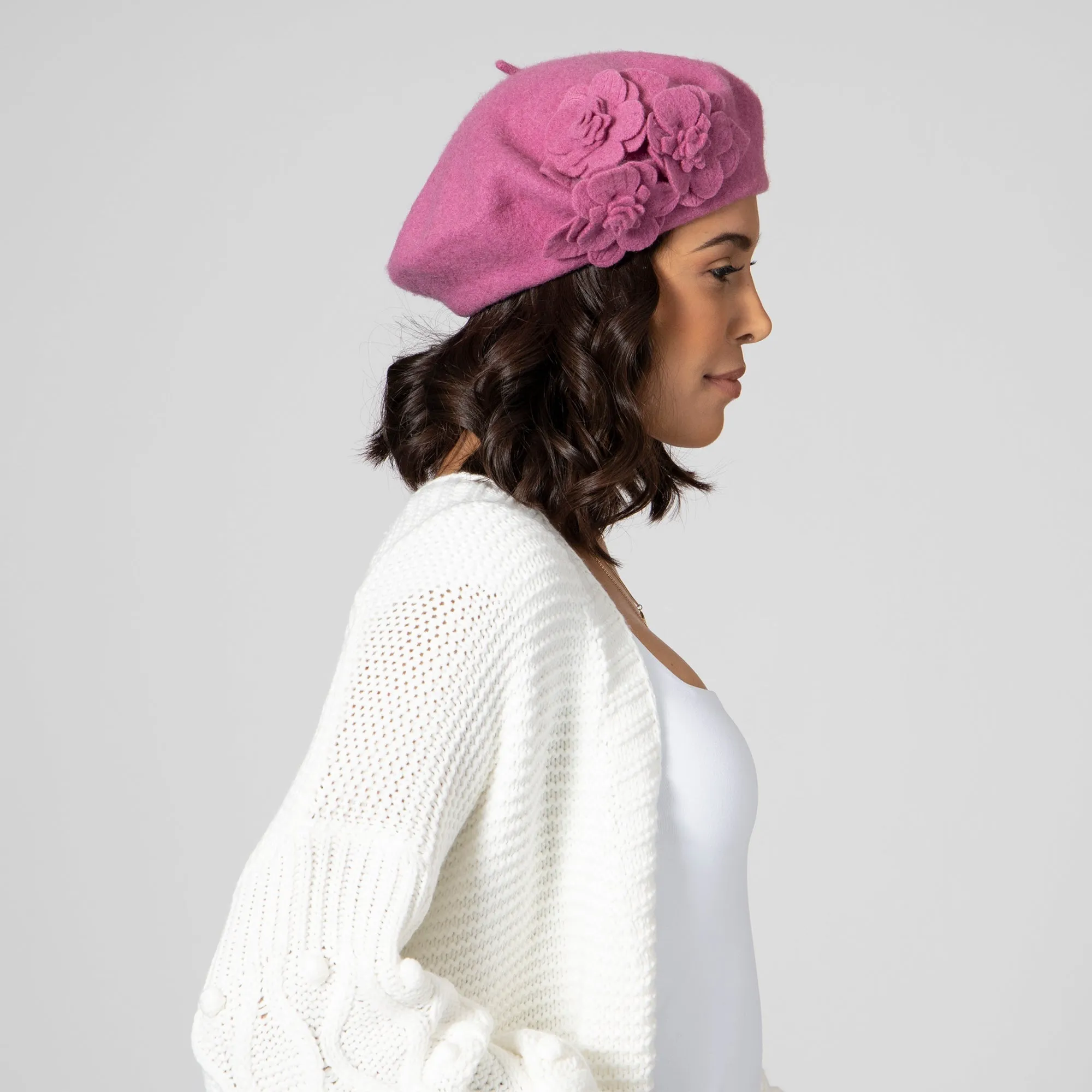 Womens Wool Beret With Flowers-One Size