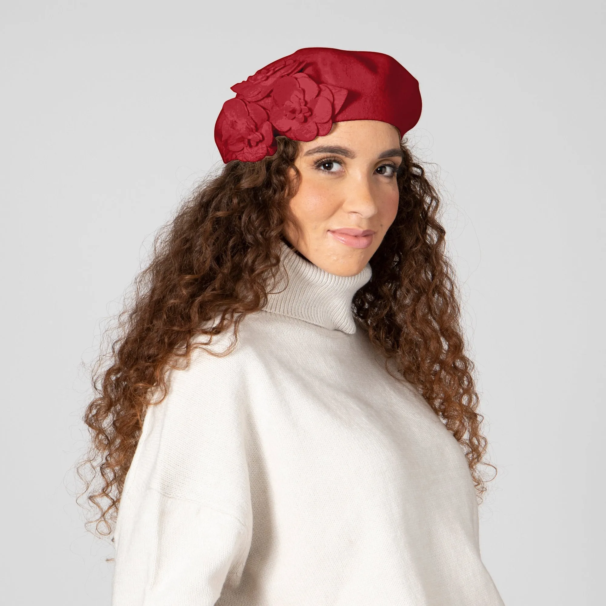 Womens Wool Beret With Flowers-One Size