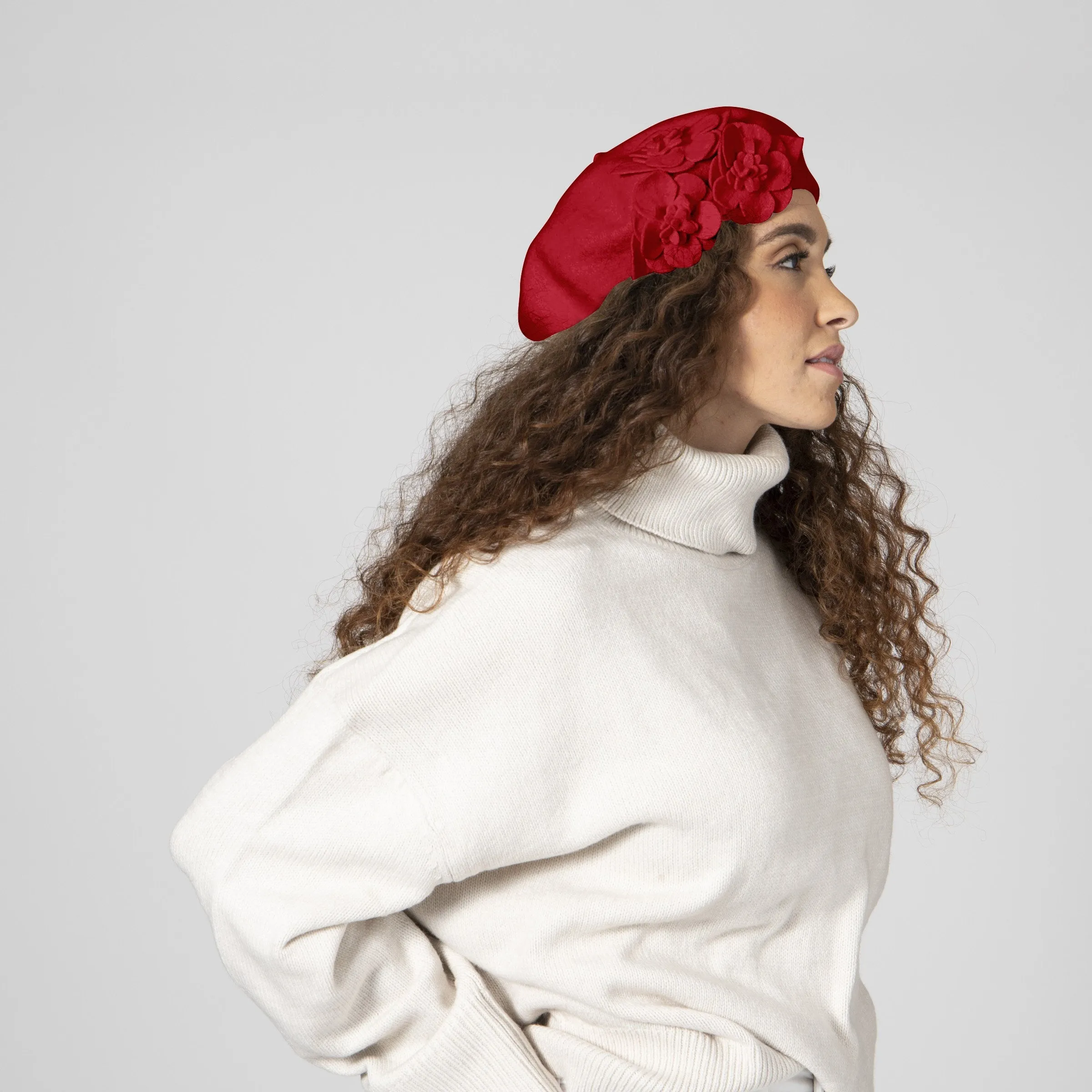 Womens Wool Beret With Flowers-One Size