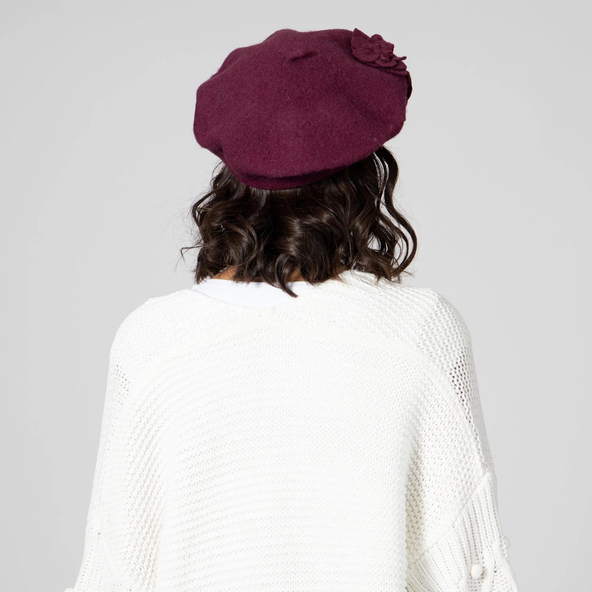 Womens Wool Beret With Flowers-One Size