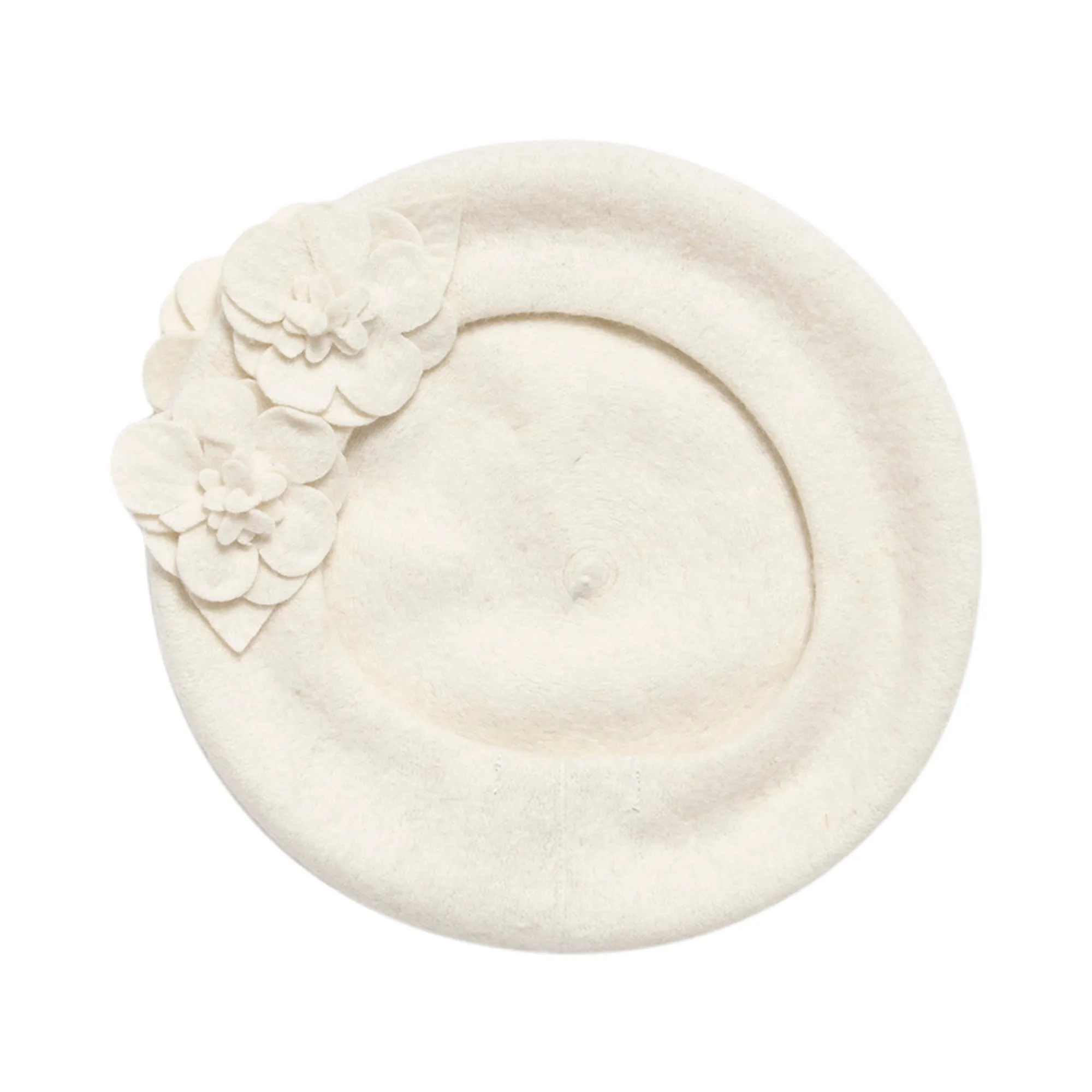Womens Wool Beret With Flowers-One Size