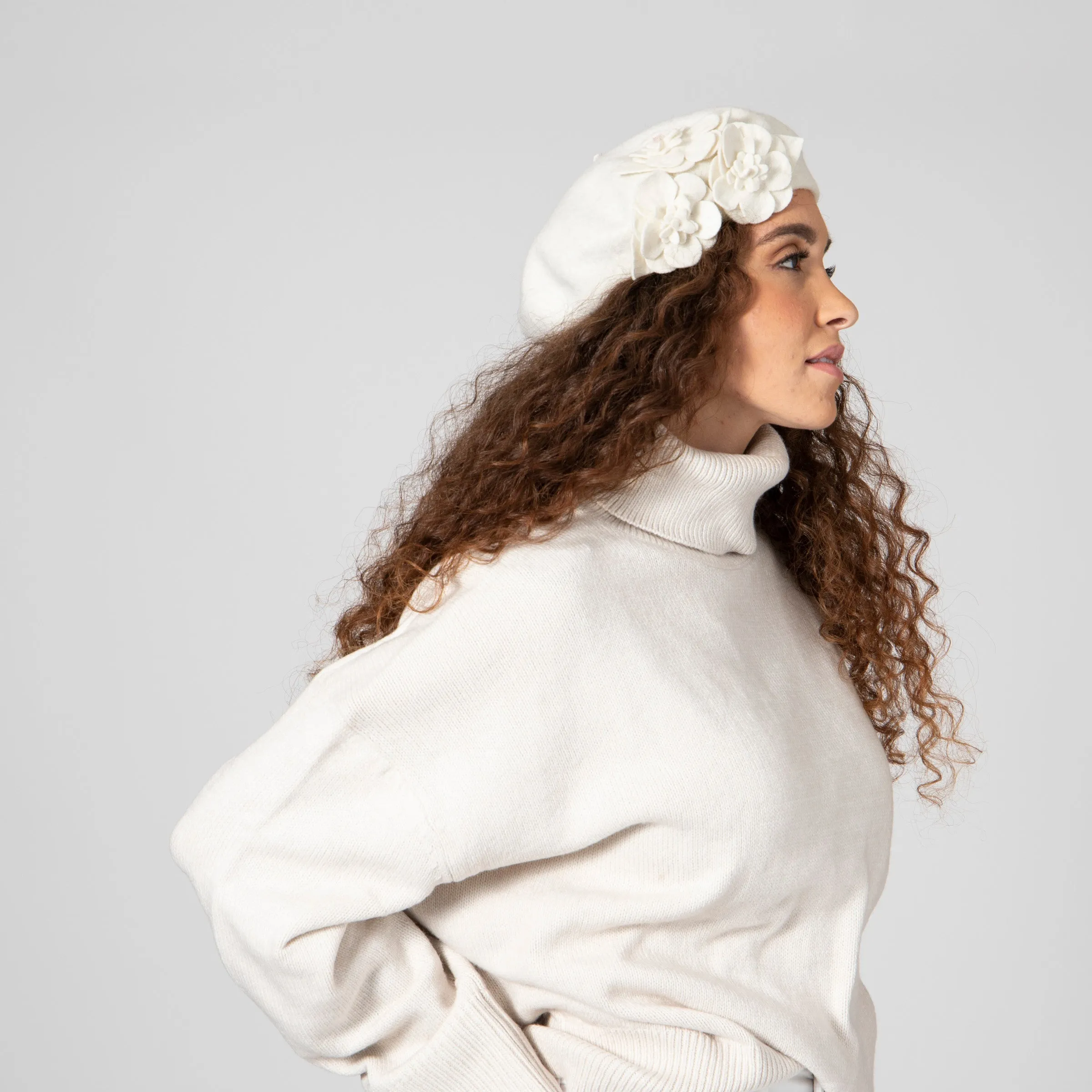 Womens Wool Beret With Flowers-One Size