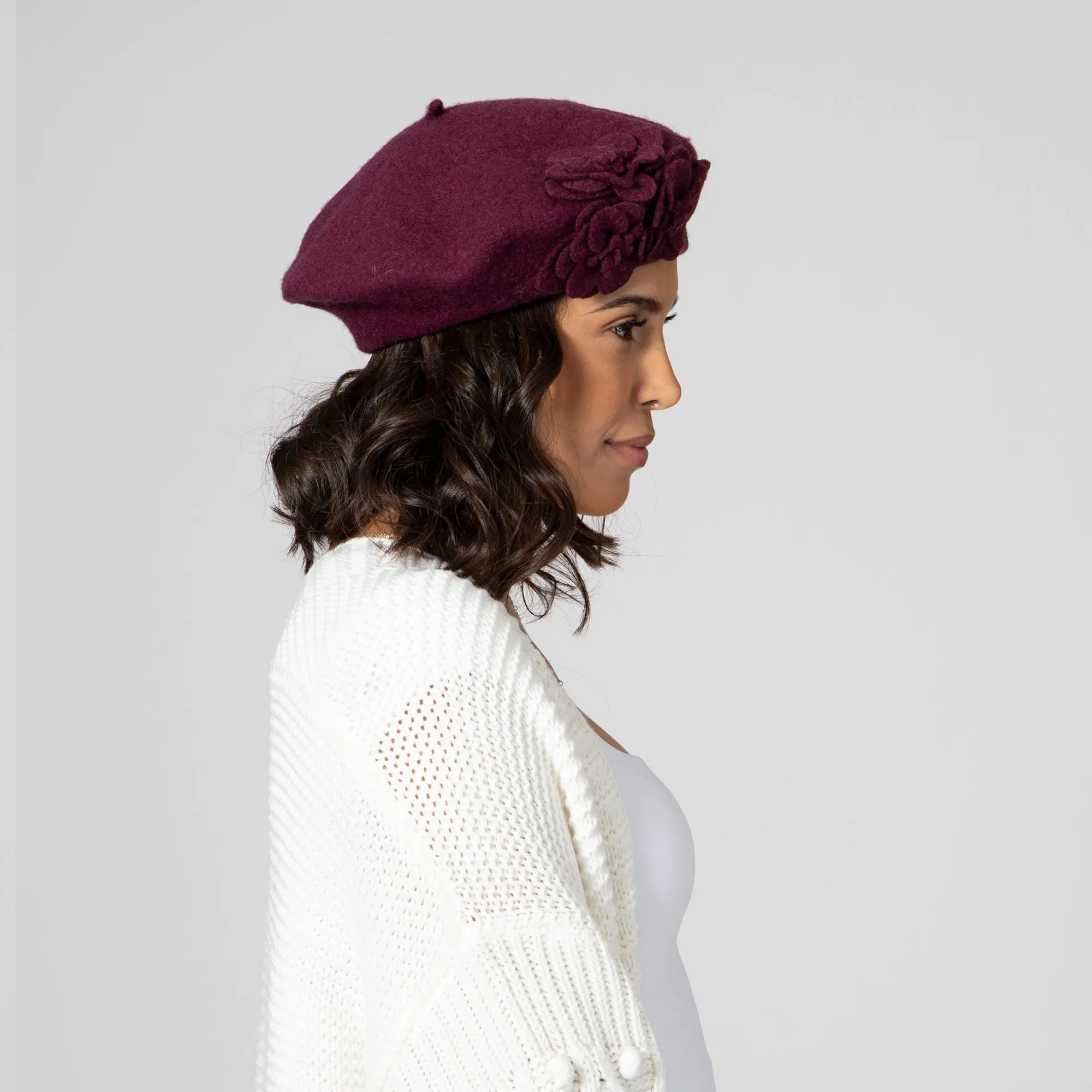 Womens Wool Beret With Flowers-One Size