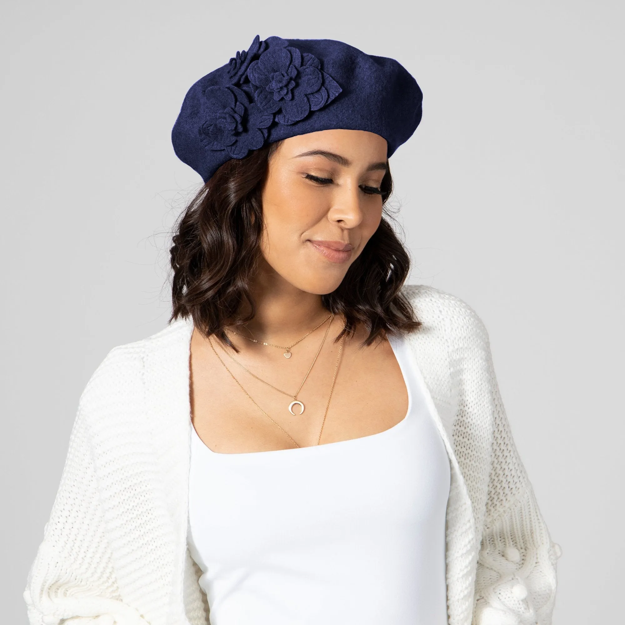 Womens Wool Beret With Flowers-One Size