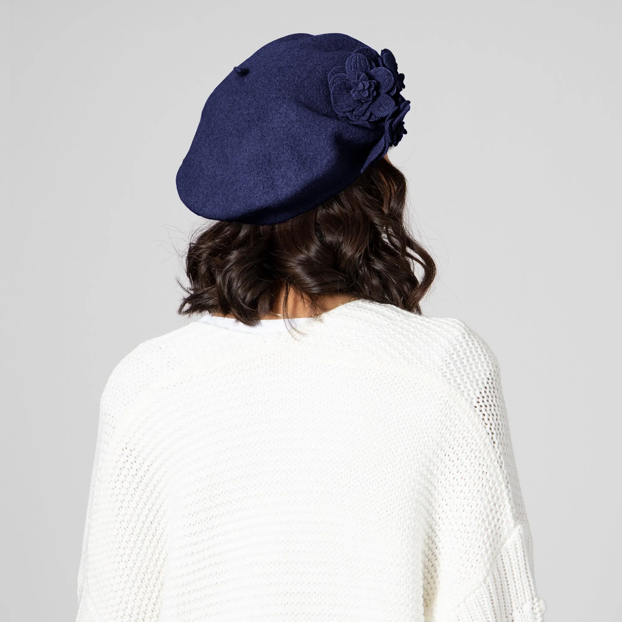 Womens Wool Beret With Flowers-One Size