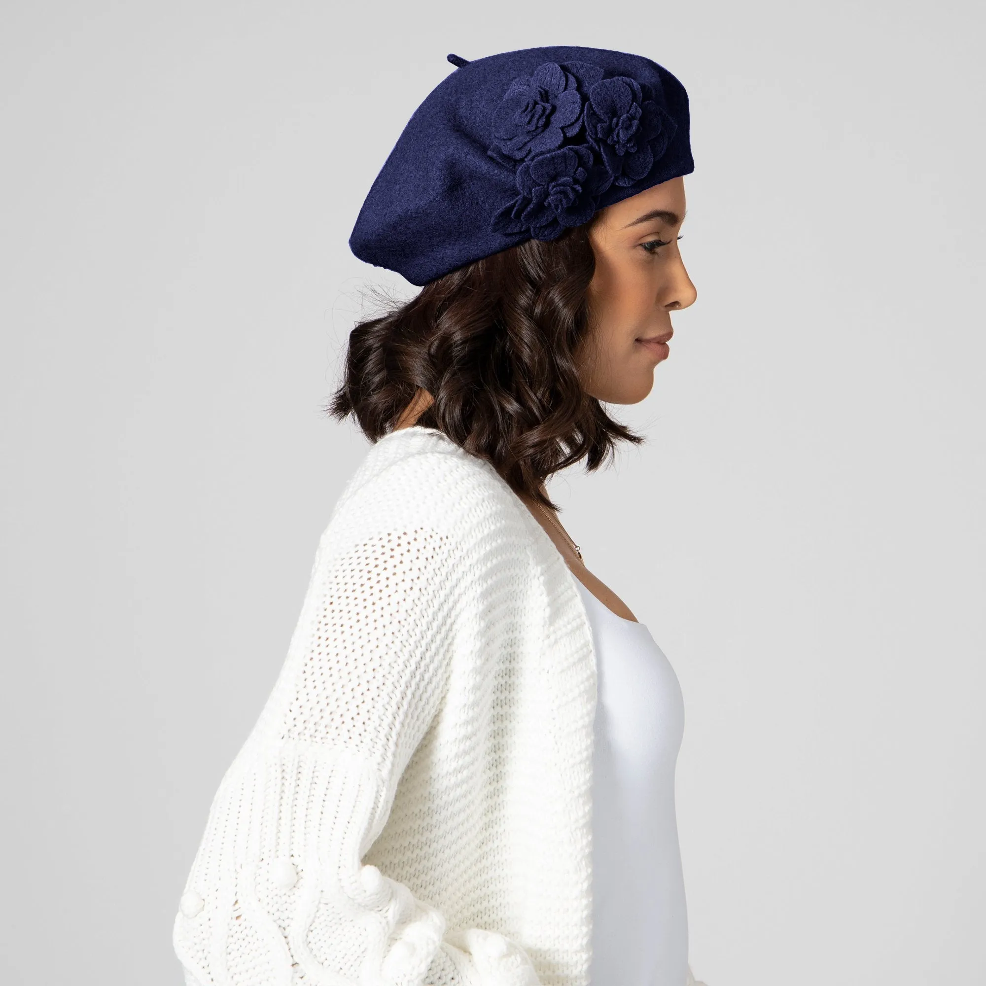 Womens Wool Beret With Flowers-One Size