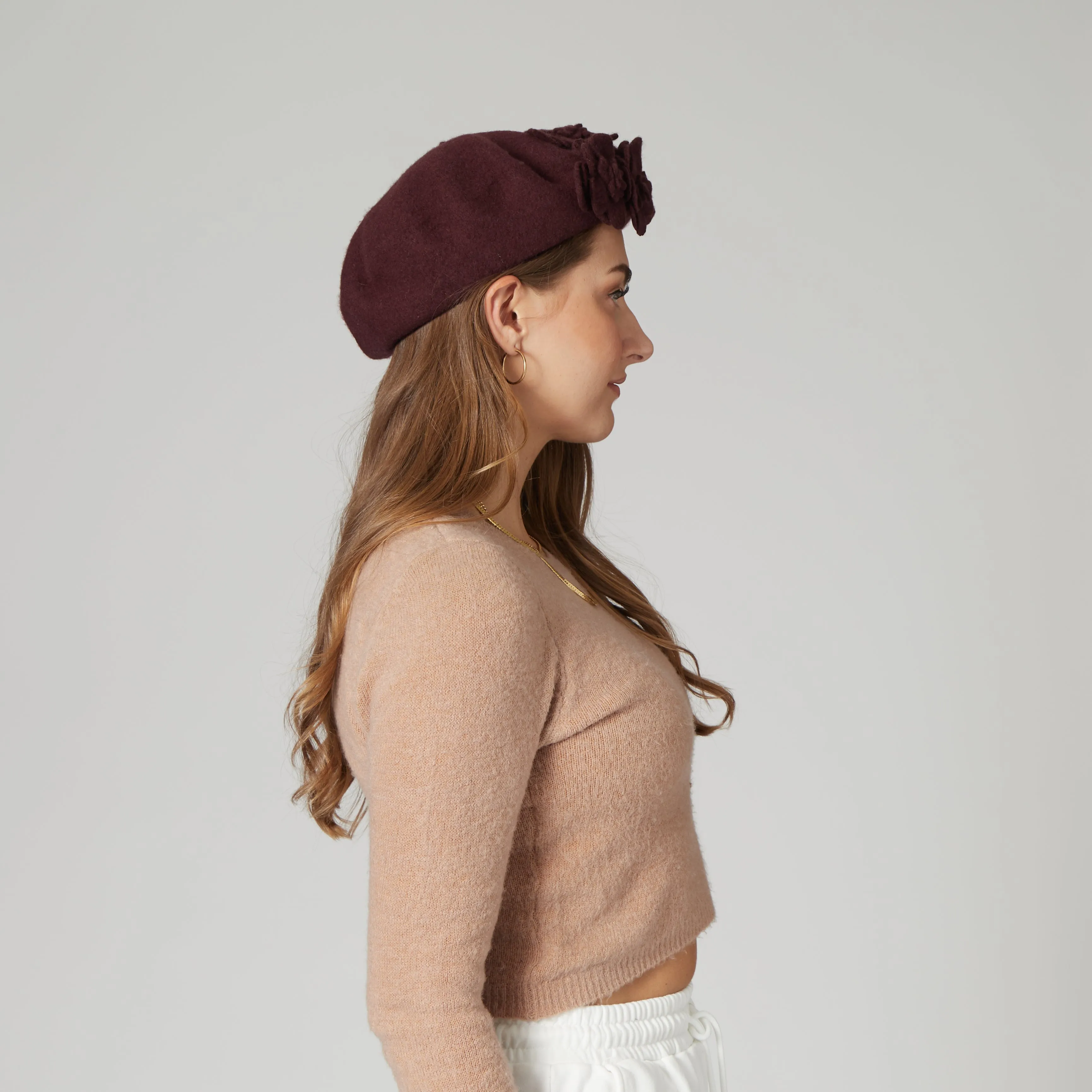 Womens Wool Beret With Flowers-One Size