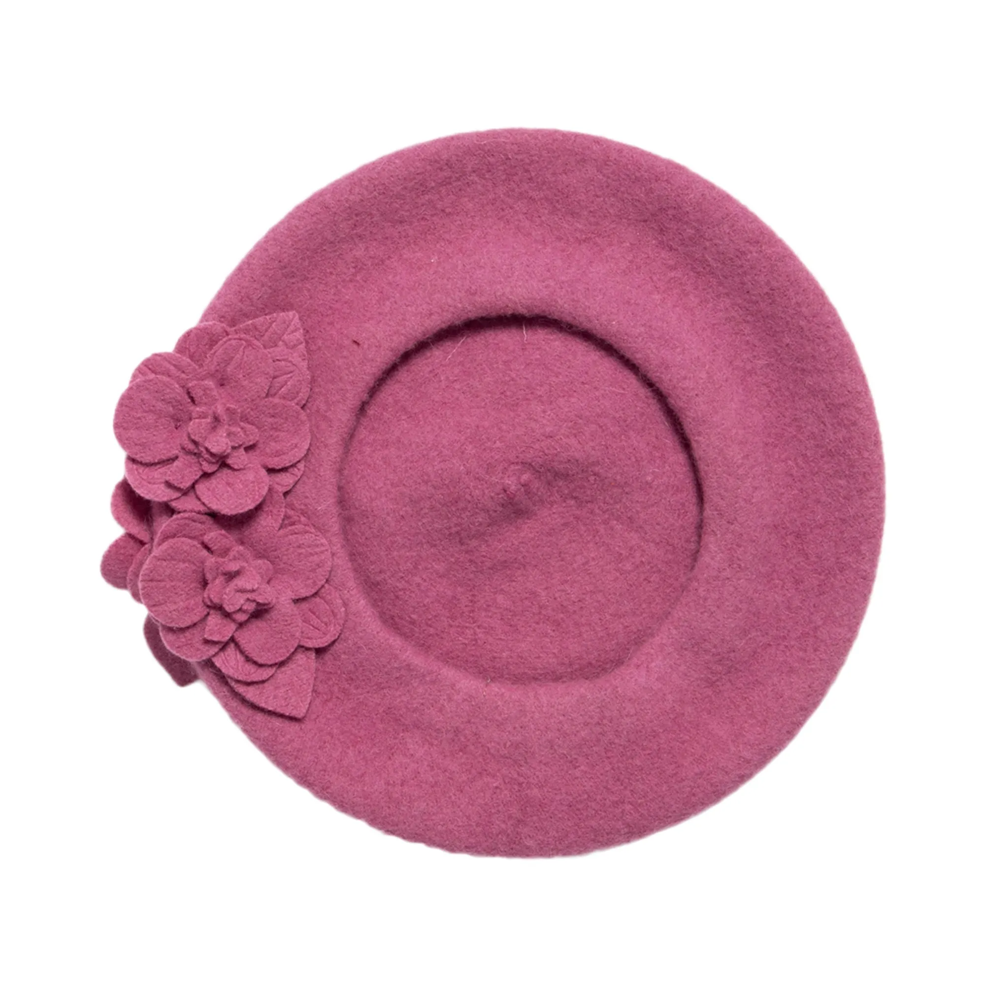 Womens Wool Beret With Flowers-One Size