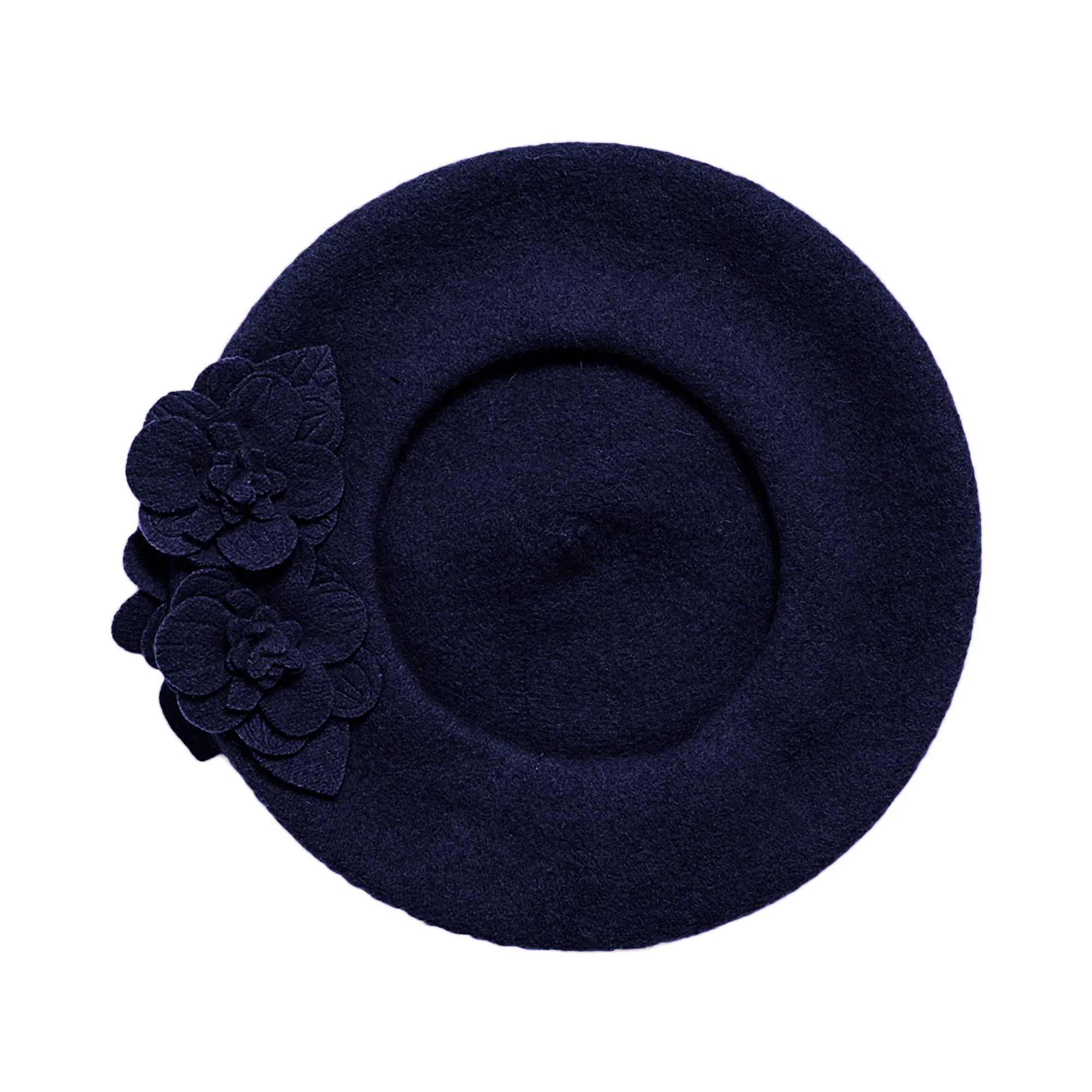 Womens Wool Beret With Flowers-One Size