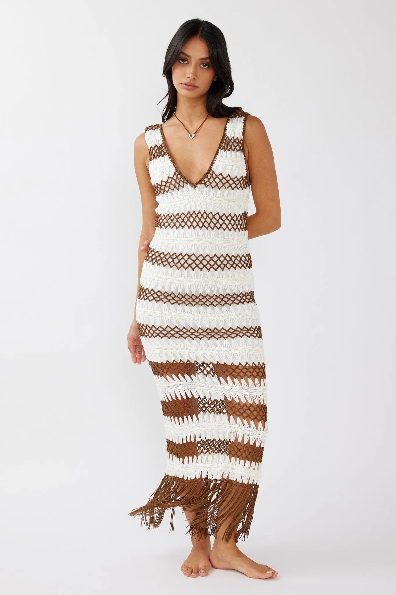 Ximena Tassel Hem Crochet Midi Dress White/Mocha