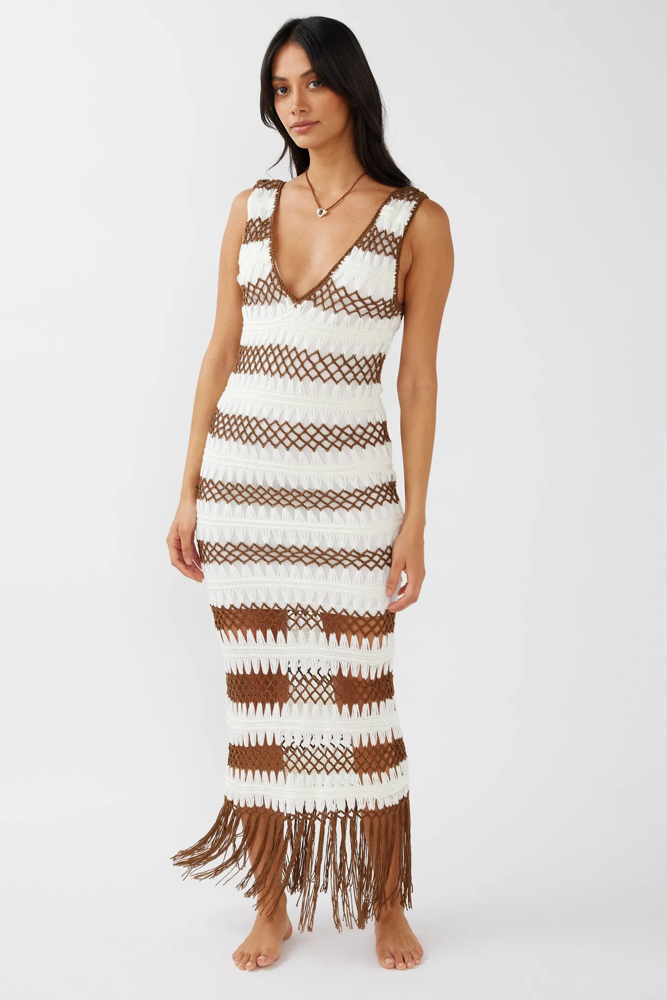 Ximena Tassel Hem Crochet Midi Dress White/Mocha