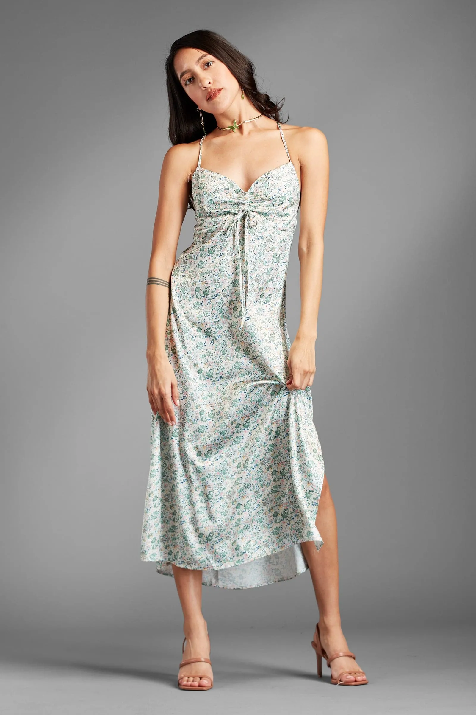 Your Delight Green Silky Floral Midi Slip Dress