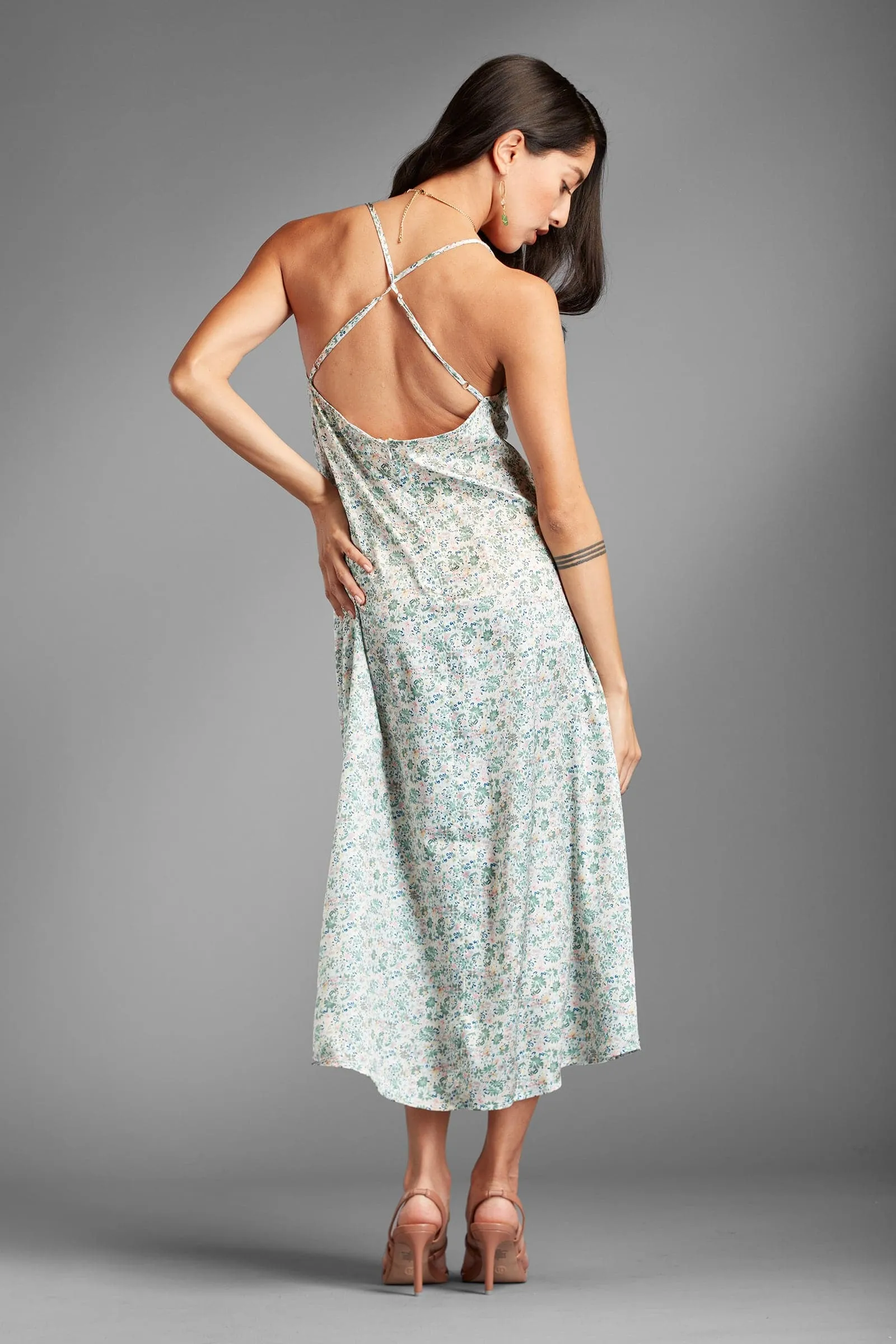 Your Delight Green Silky Floral Midi Slip Dress
