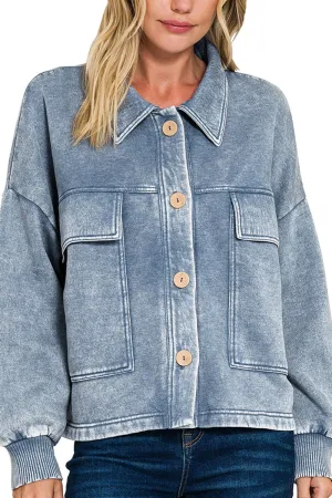 Zenana Embrace the Chill Dusty Blue Acid Wash Cropped Shacket