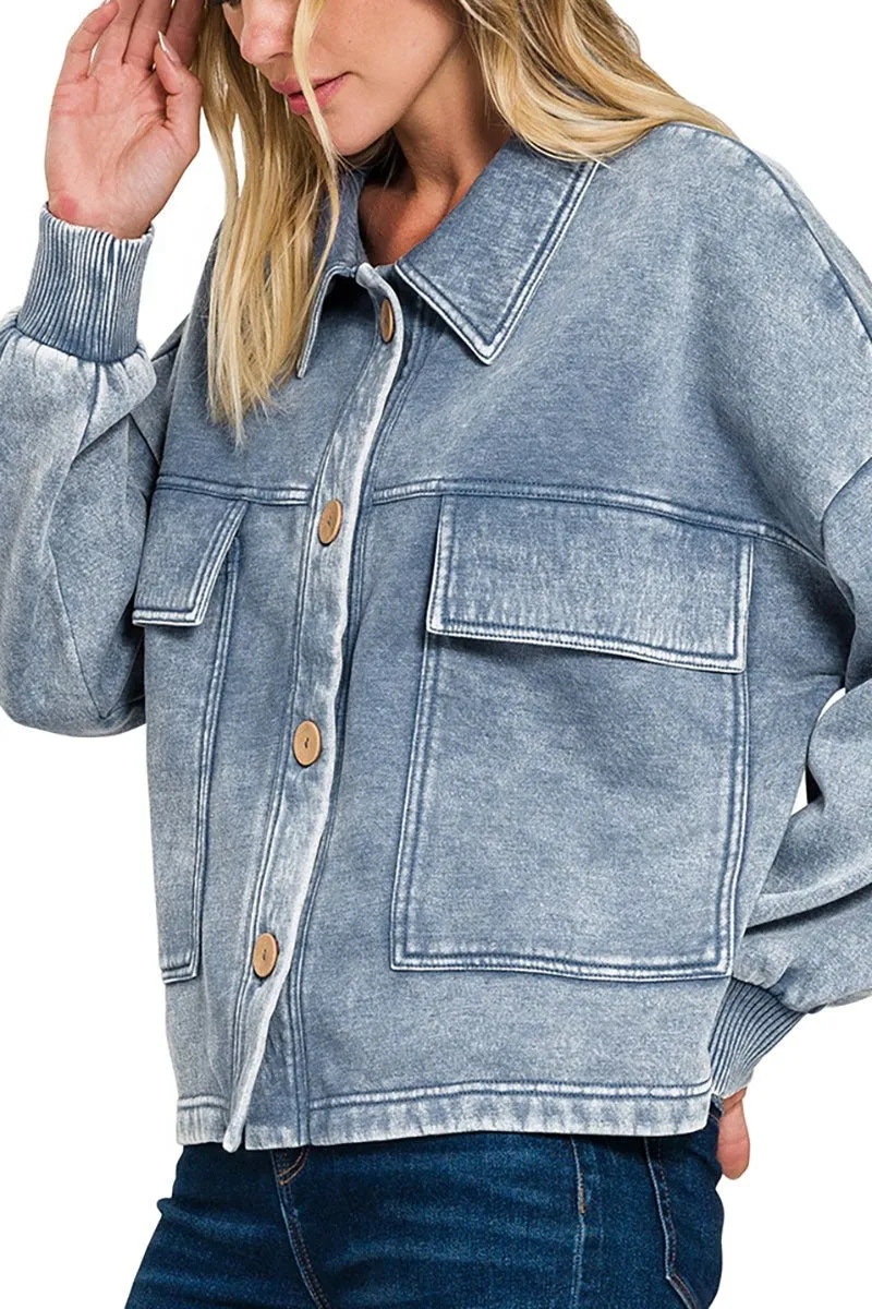 Zenana Embrace the Chill Dusty Blue Acid Wash Cropped Shacket