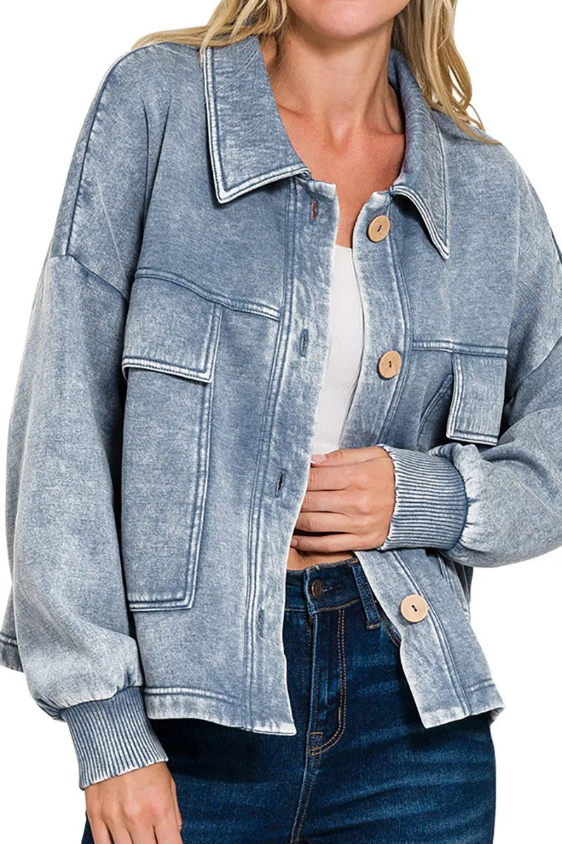 Zenana Embrace the Chill Dusty Blue Acid Wash Cropped Shacket